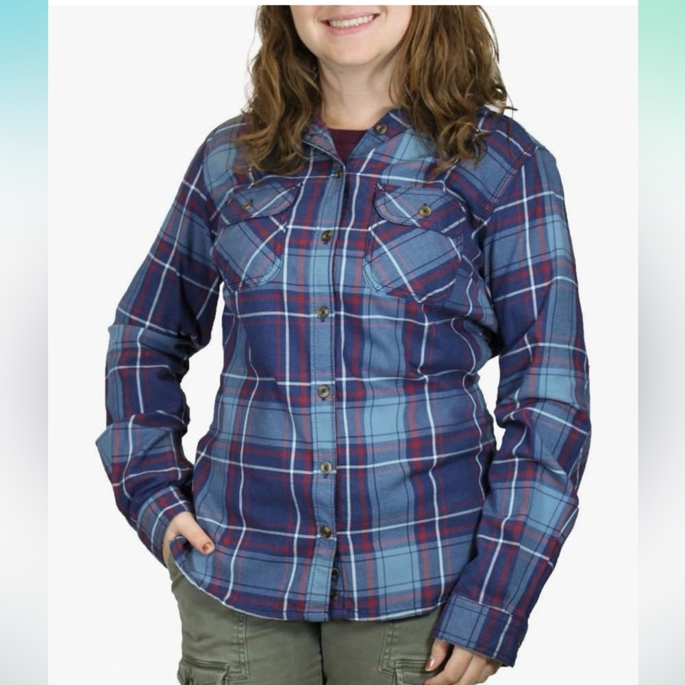 Carhartt Belton Long Sleeve Hooded Shirt Blue Red Plaid Flannel-Medium (8/10)